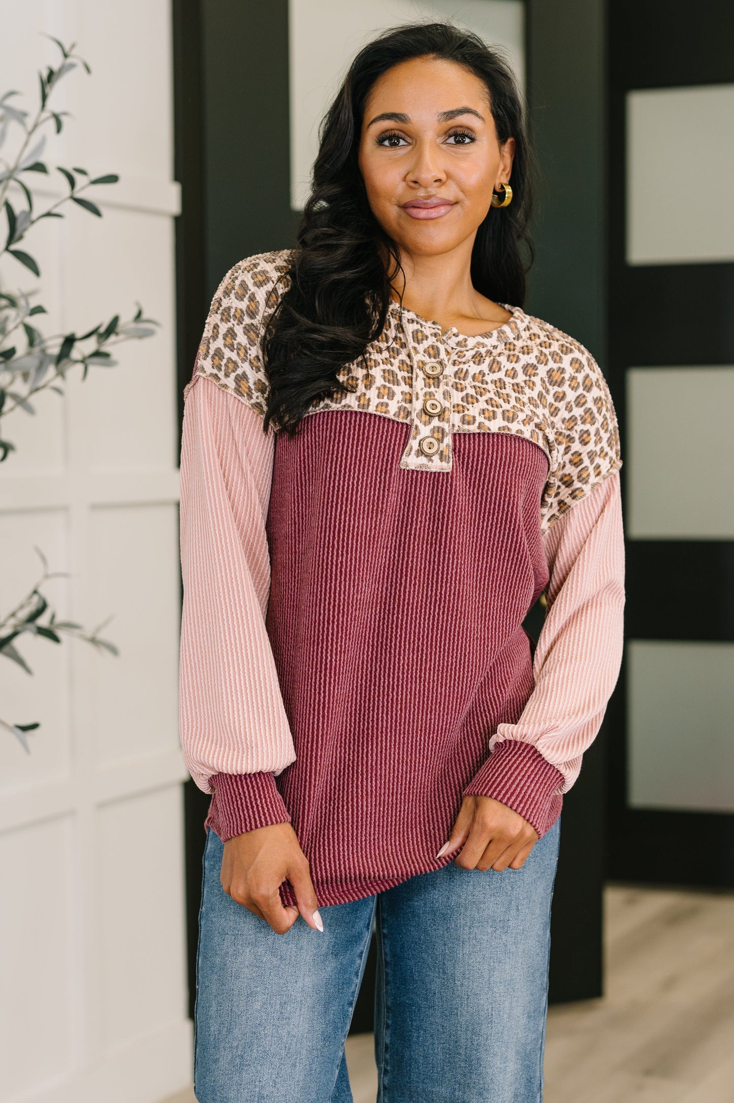 Spotted & Blocked Color Block Henley Top