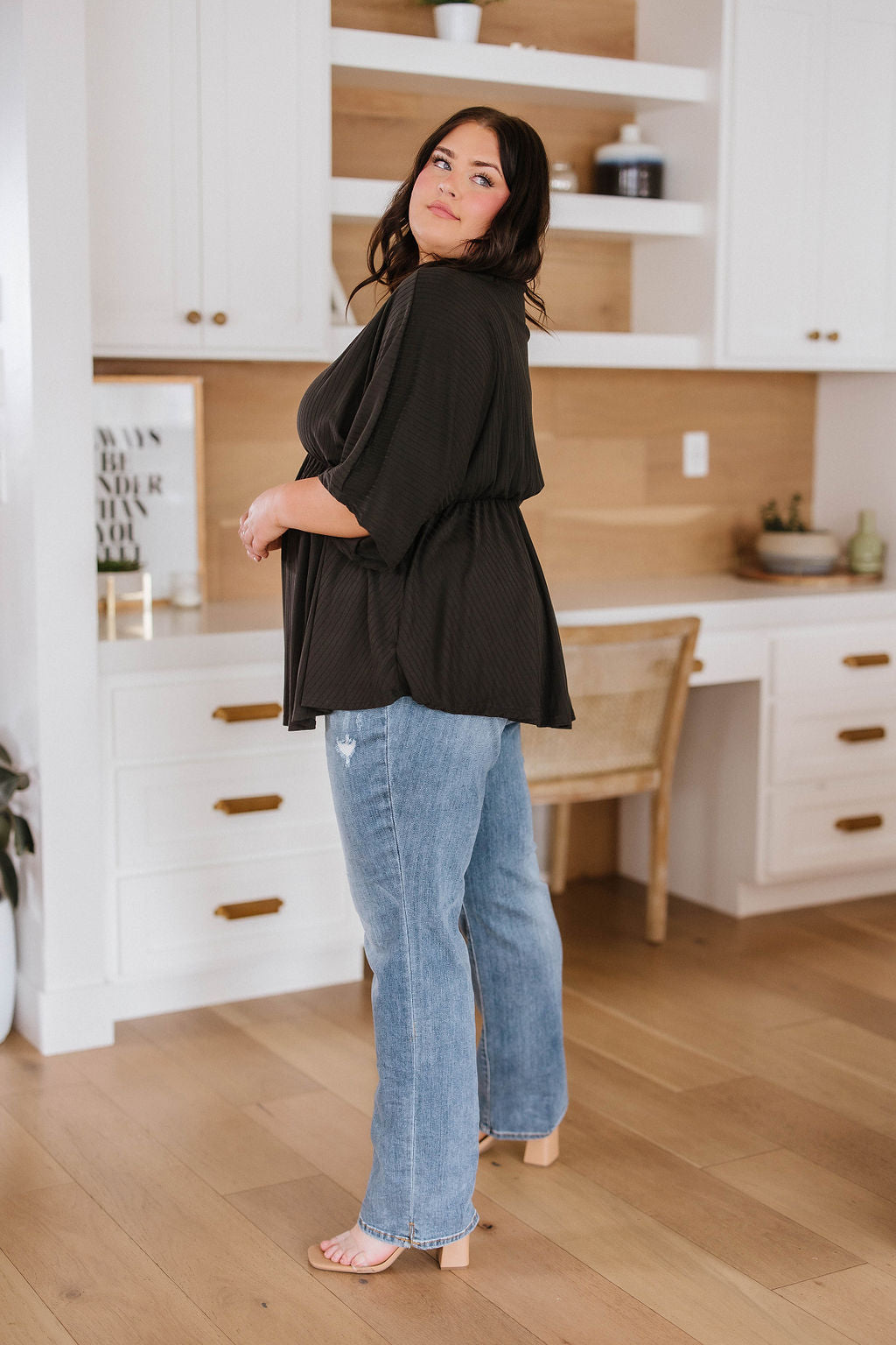 Storied Moments Draped Peplum Top in Black!