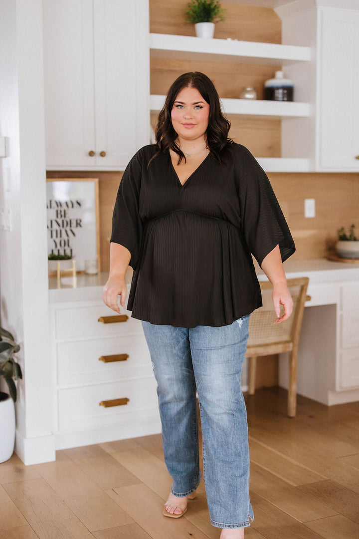 Storied Moments Draped Peplum Top in Black!