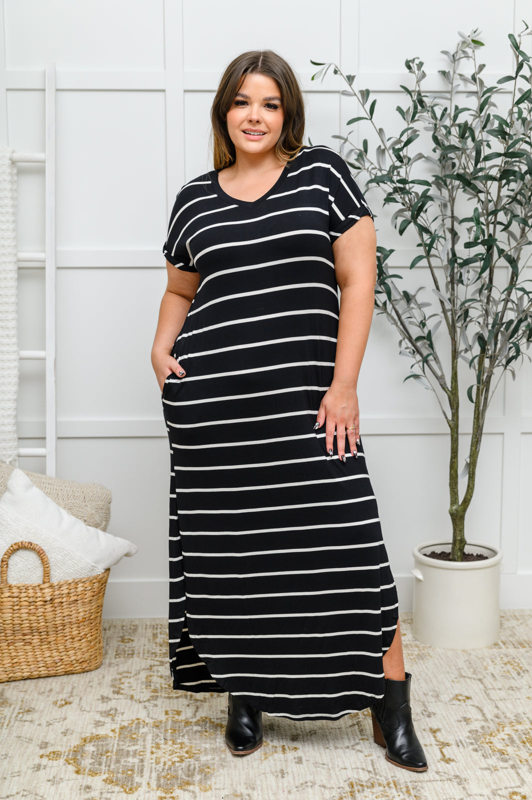 Striped Maxi Dress In Black!