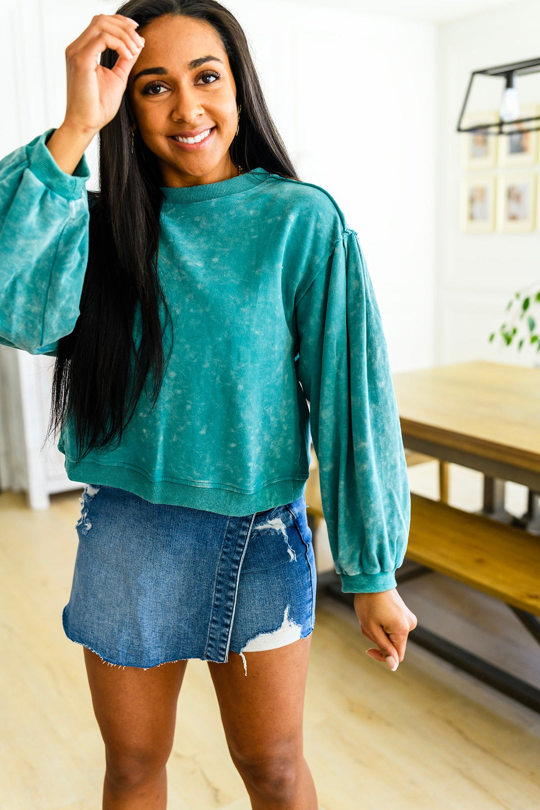 Tied Up In Cuteness Mineral Wash Sweater in Teal!