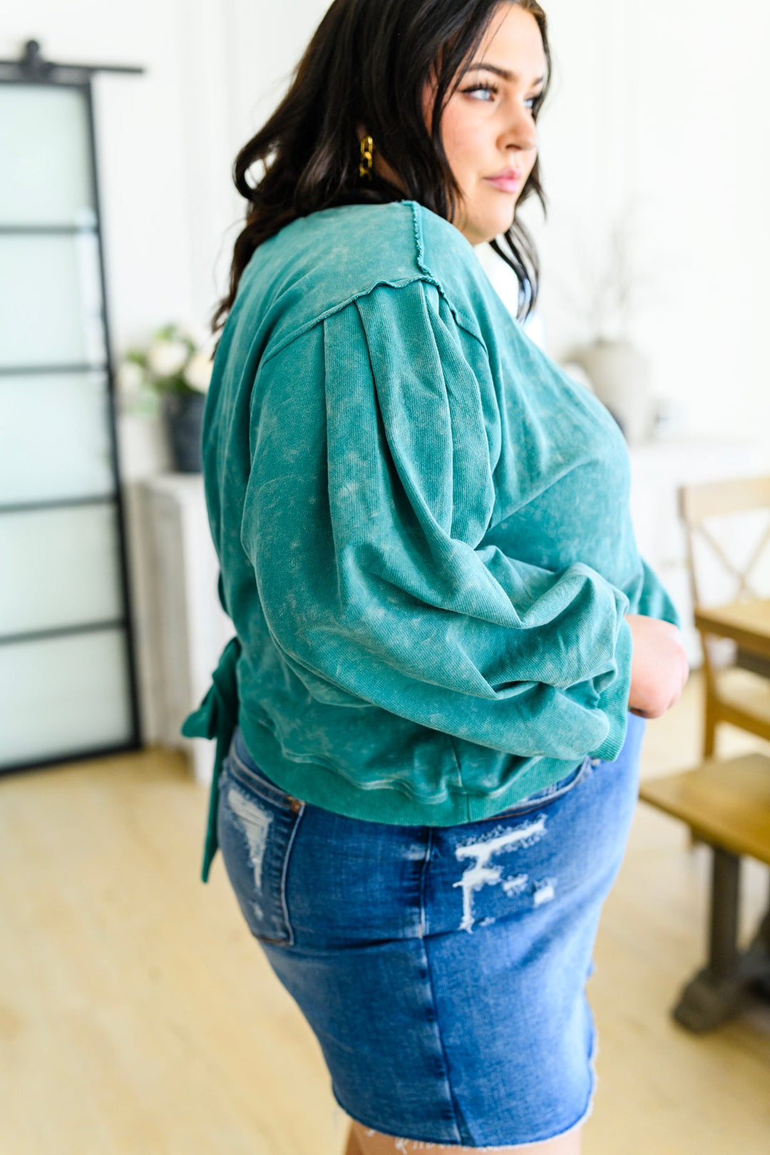 Tied Up In Cuteness Mineral Wash Sweater in Teal!