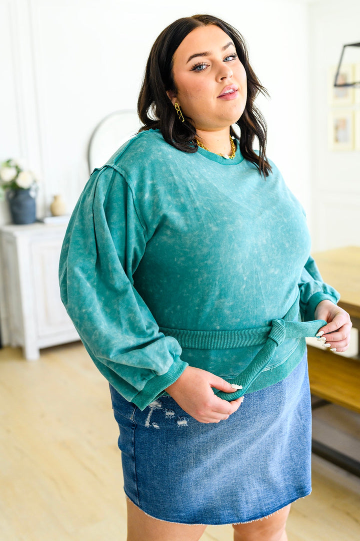 Tied Up In Cuteness Mineral Wash Sweater in Teal!