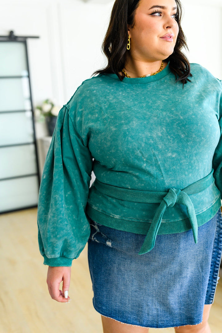 Tied Up In Cuteness Mineral Wash Sweater in Teal!