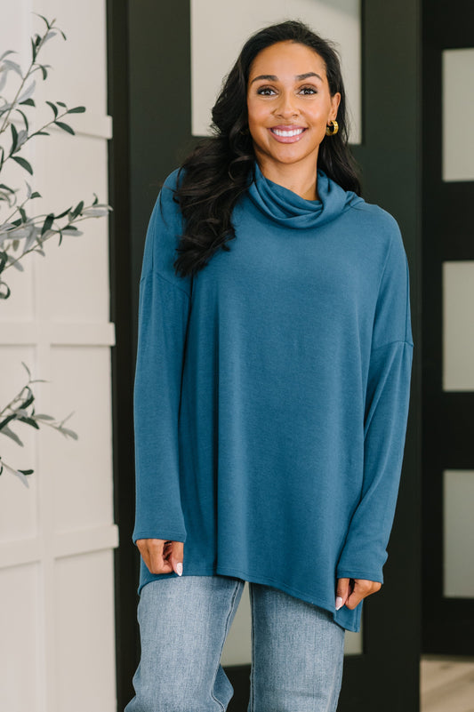 Travel Destination Cowl Neck Pullover in Dark Teal
