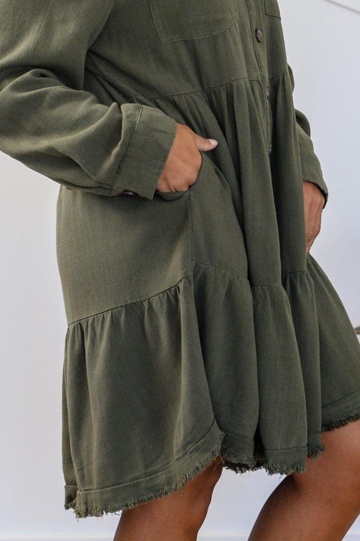 Weekend In Aspen Tiered Button Up Dress In Forest!