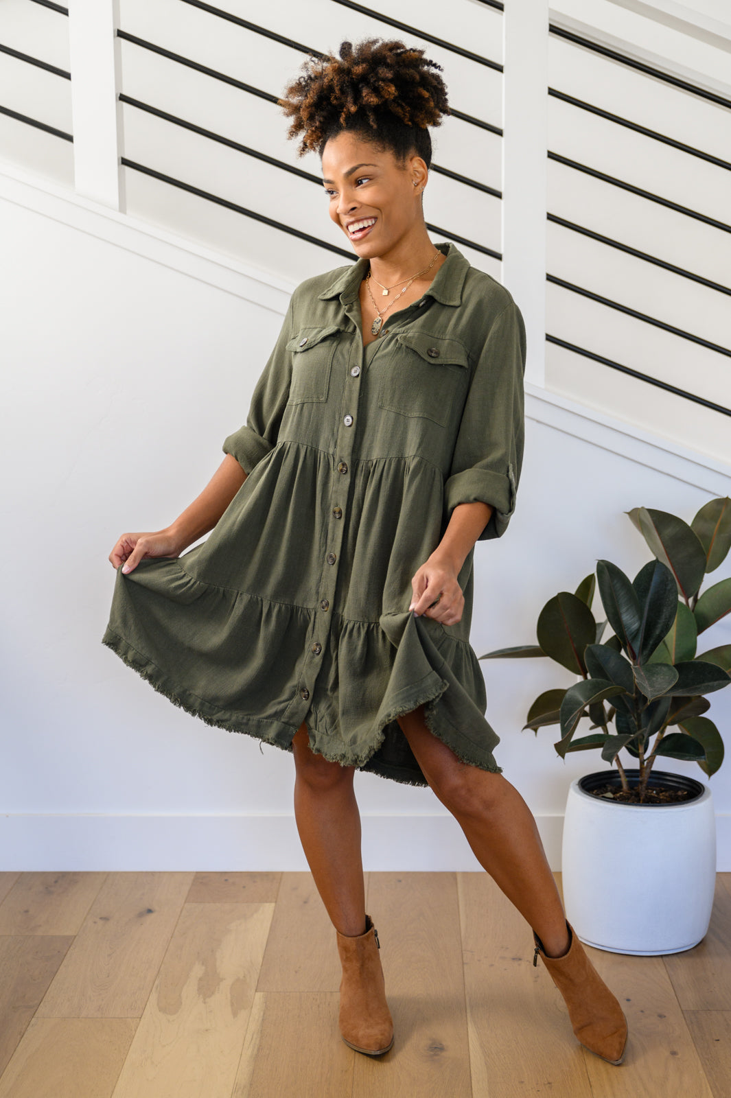 Weekend In Aspen Tiered Button Up Dress In Forest!