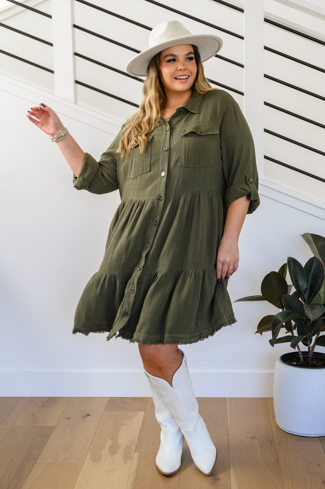 Weekend In Aspen Tiered Button Up Dress In Forest!