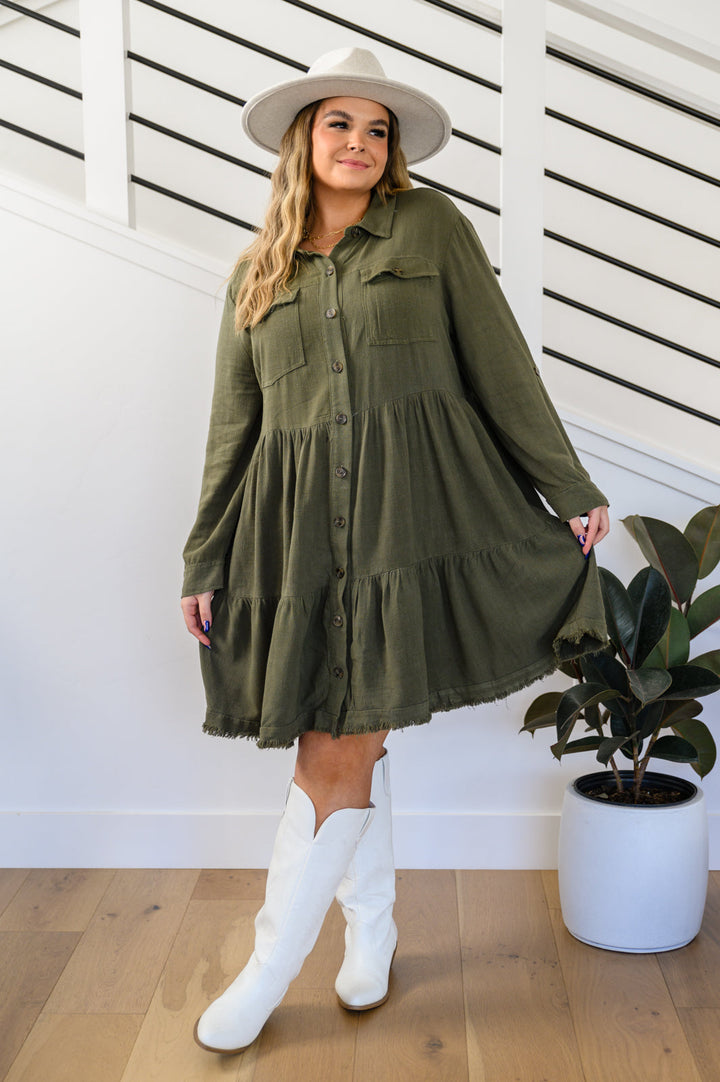 Weekend In Aspen Tiered Button Up Dress In Forest!