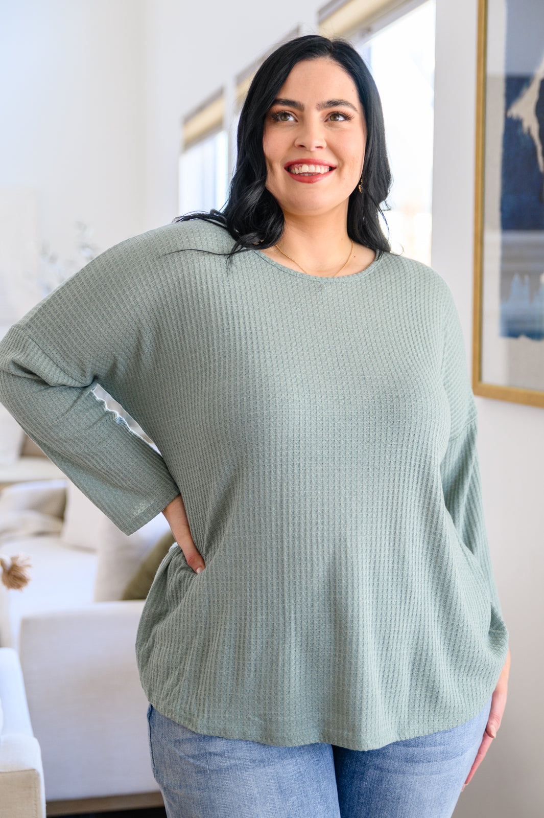 Austin Waffle Knit Basic Top In Sage