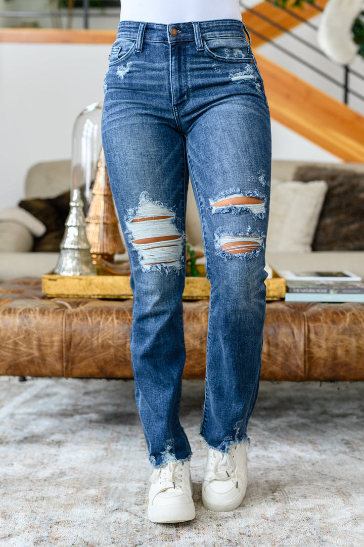 Judy Blue High Contrast Slim Bootcut Destroyed Jeans