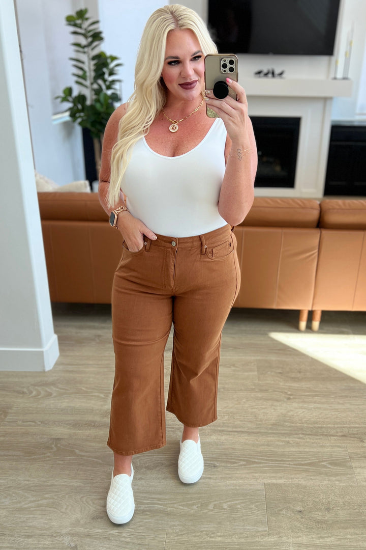 Judy Blue High Rise Control Top Wide Leg Crop Jeans in Camel