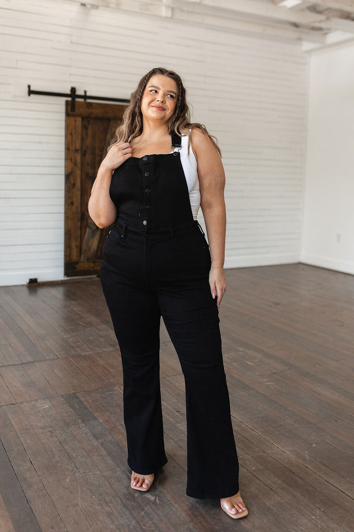 Judy Blue Control Top Retro Flare Overalls in Black