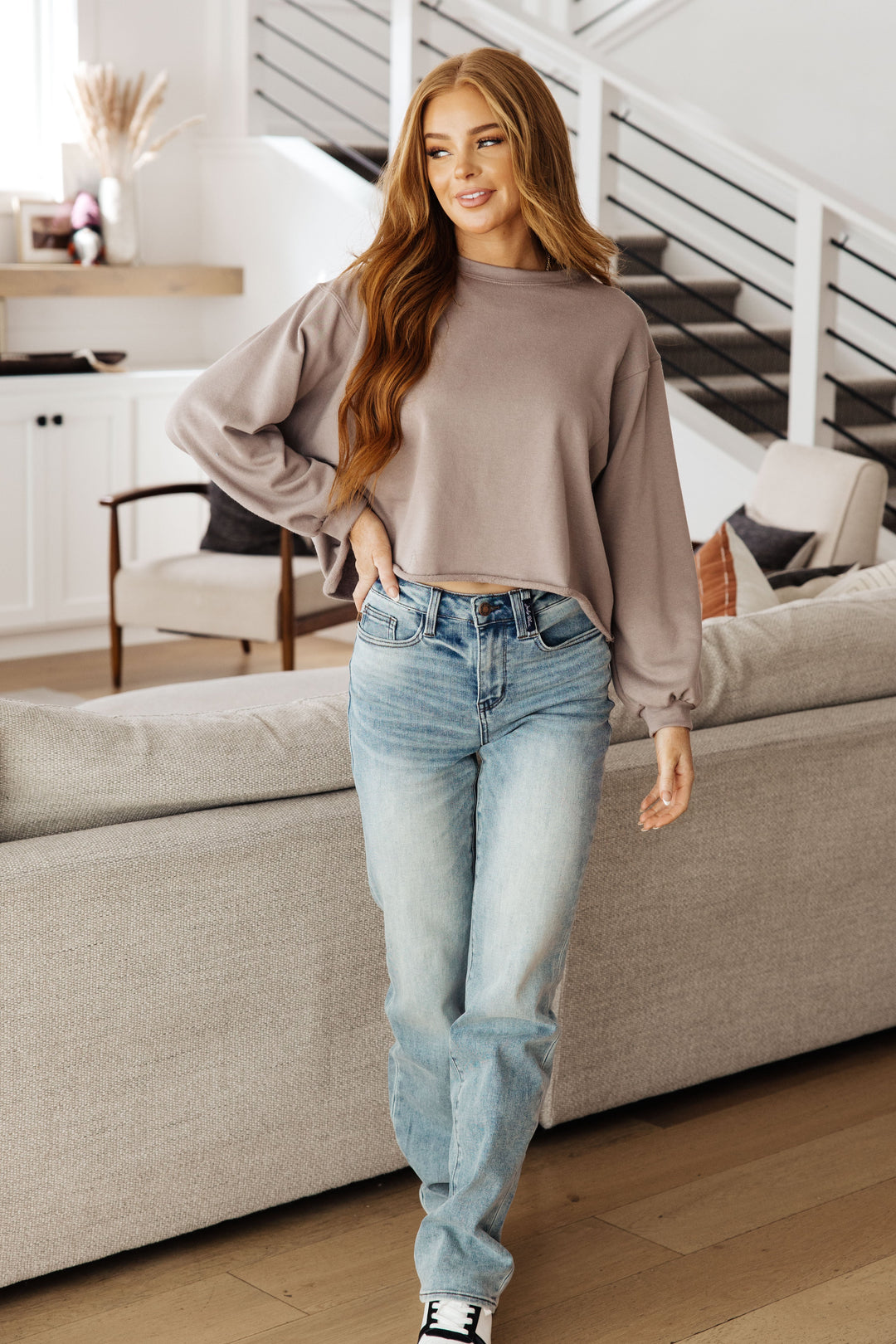 Lounge A Lot Cut Off Sweatshirt in Mocha