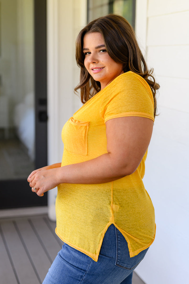 Zenana Melange Burnout V-Neck T-Shirt in Yellow Gold