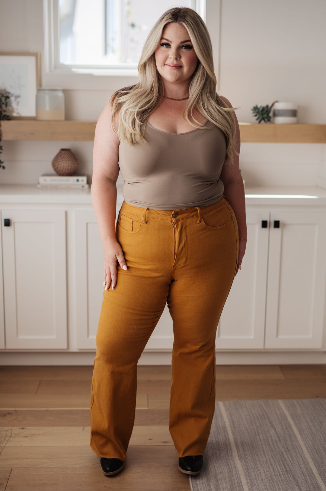 Judy Blue High Rise Control Top Flare Jeans in Marigold