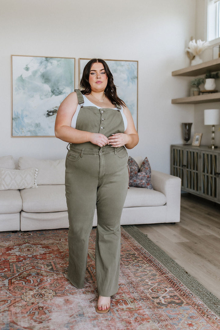 Judy Blue Control Top Release Hem Overalls in Olive