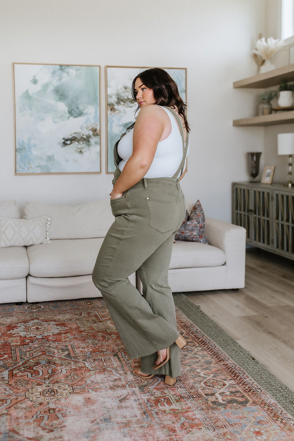 Judy Blue Control Top Release Hem Overalls in Olive