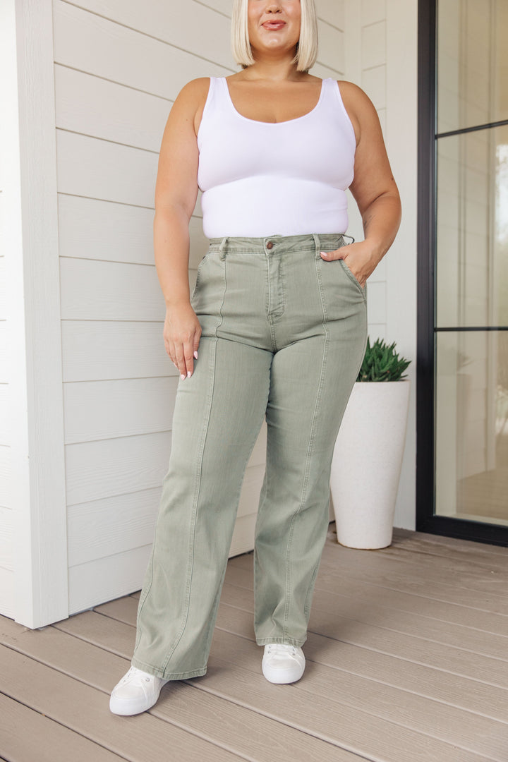 Judy Blue High Rise Front Seam Straight Jeans in Sage