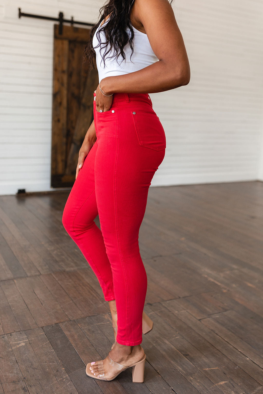 Judy Blue High Rise Control Top Garment Dyed Skinny Jeans in Red