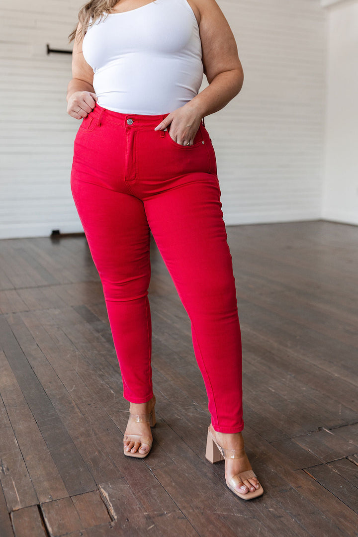 Judy Blue High Rise Control Top Garment Dyed Skinny Jeans in Red