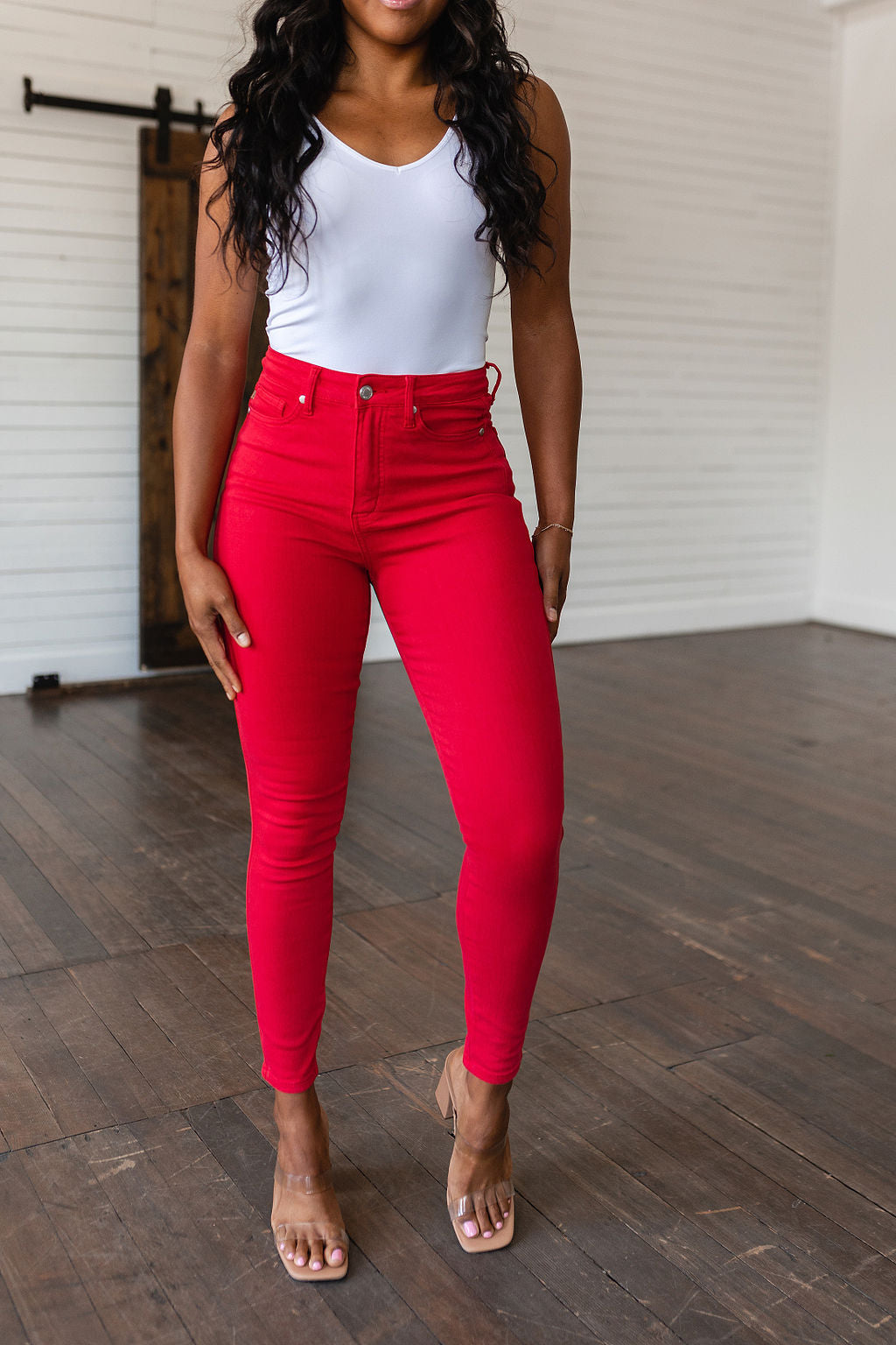 Judy Blue High Rise Control Top Garment Dyed Skinny Jeans in Red