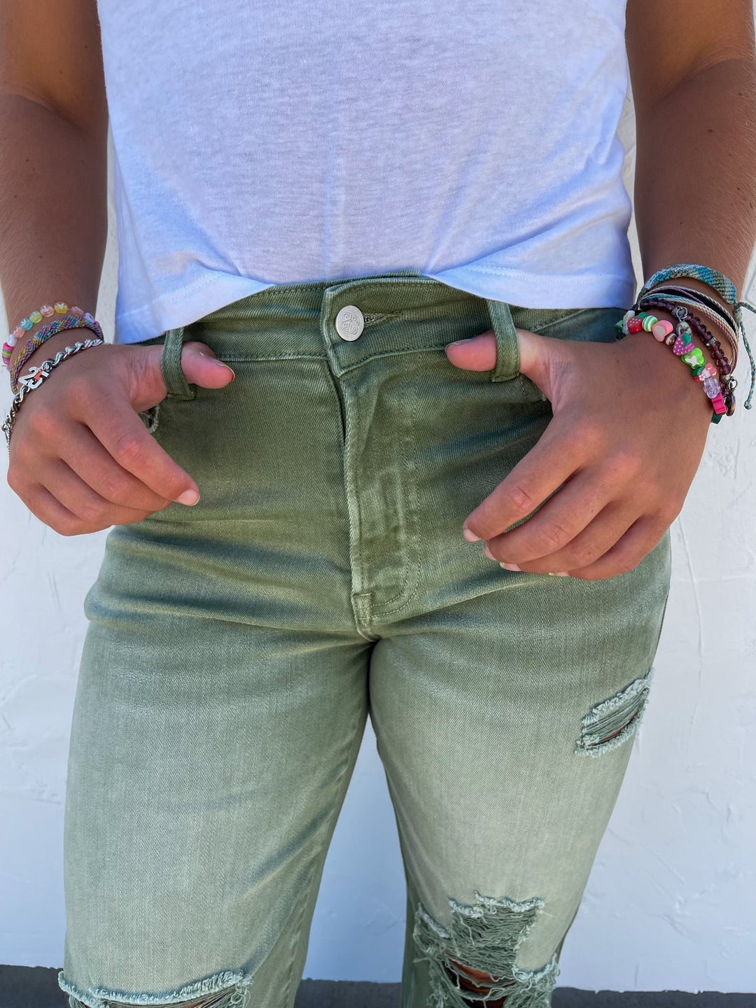 Blakeley Distressed Jeans In Olive and Camel